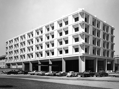 Historic photograph of the original Jennie Sealy Hospital, dedicated on the UTMB campus in 1968.