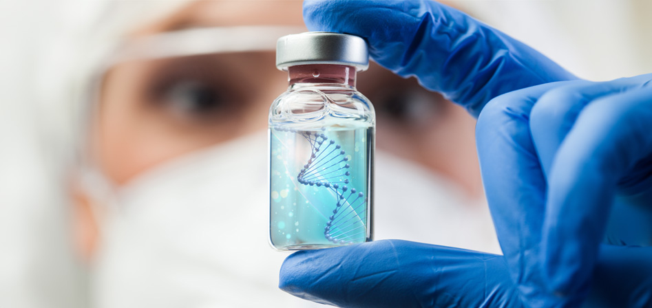 Technician looking at a vial with DNA inside