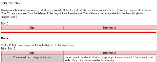 A screenshot of the Zoom license Selected Roles