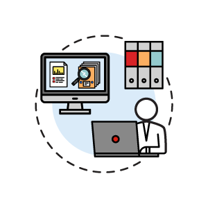 A graphic icon of a person typing on a laptop, a front view of a computer screen displaying files and a data chart