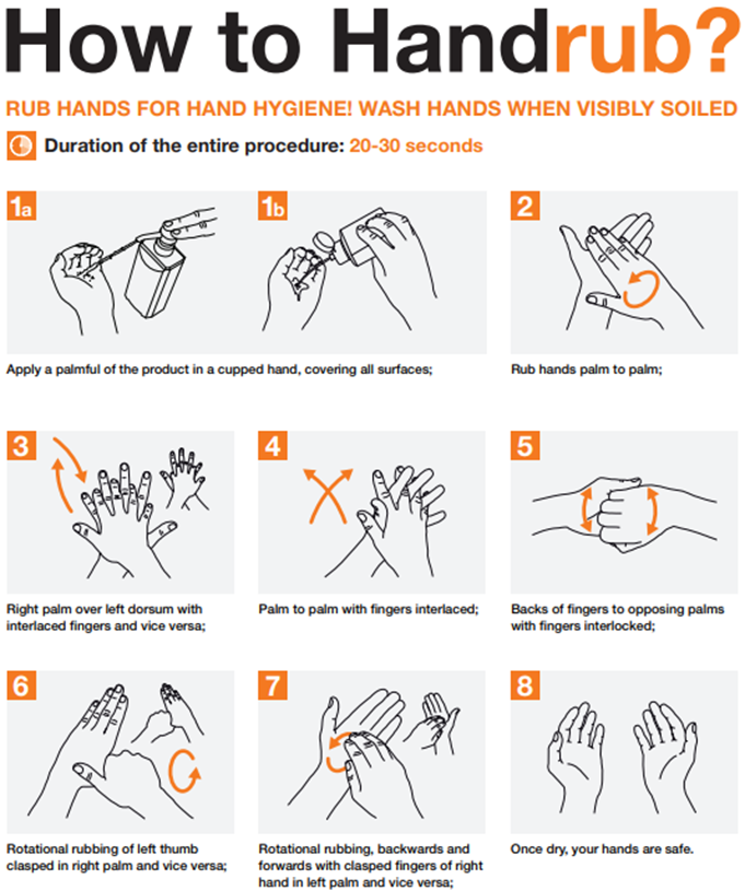 Infographic demonstrating alcohol-based hand rub technique, showing application of hand rub and rubbing all hand surfaces for 20–30 seconds until hands are dry.