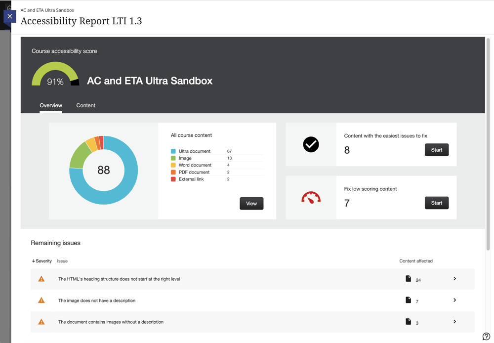 Screenshot image of the Blackboard Ally course accessibility report.