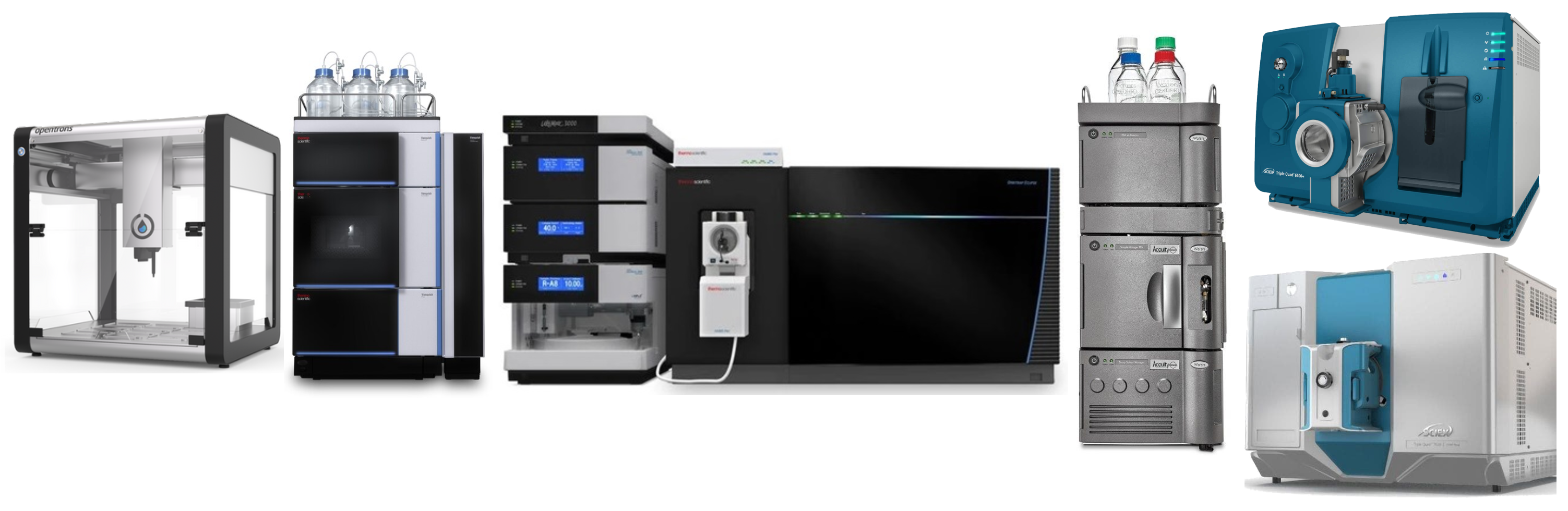 A lineup of laboratory instruments including an automated liquid handler, liquid chromatography systems, and multiple mass spectrometers arranged against a white background.