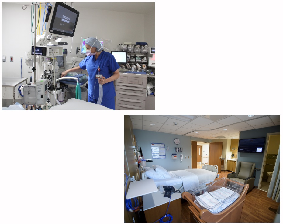 Clinical setting in a UTMB labor and delivery unit showing advanced anesthesia equipment and a modern postpartum hospital room with patient bed and infant bassinet.