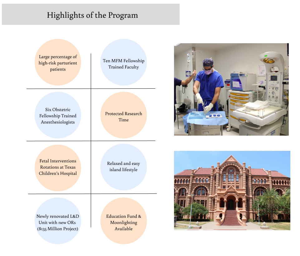 Composite image highlighting the Obstetric Anesthesiology Fellowship at UTMB, featuring program strengths, a clinician preparing anesthesia equipment in a labor and delivery unit, and the UTMB campus building.