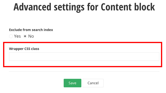 Screenshot showing the wrapper css class field on a content block