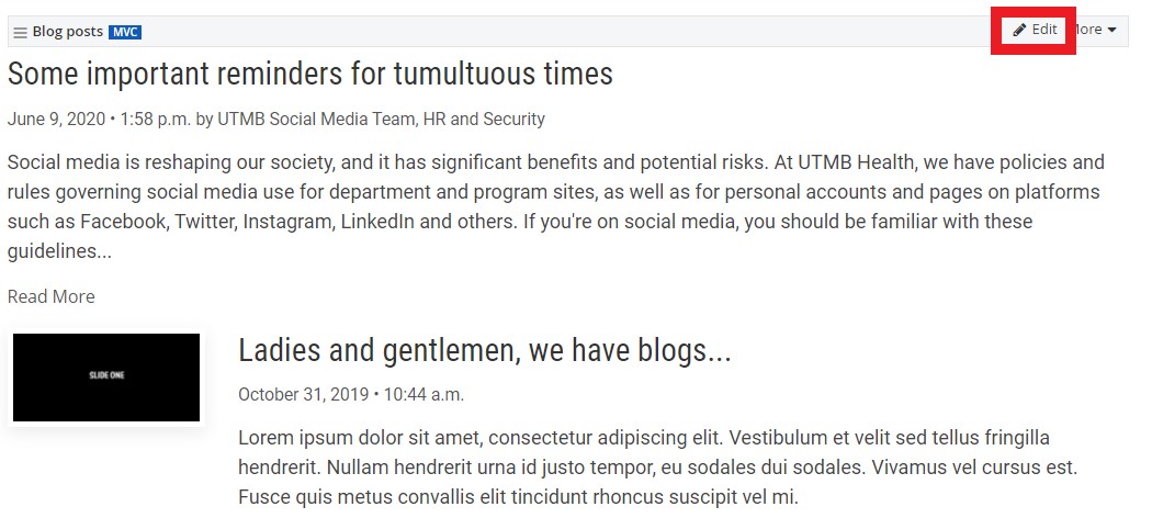 screenshot showing edit button on blog post widget