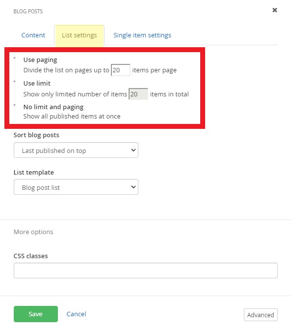 screenshot of blog post limit and paging settings