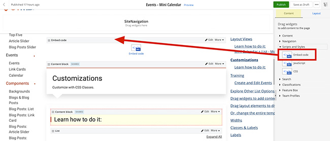 Embed code widget to a page Screenshot showing the embed code widget on the page builder.