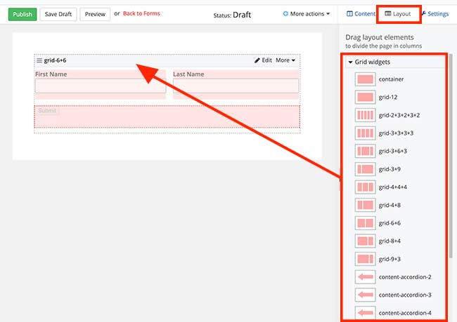 screenshot of form layout options