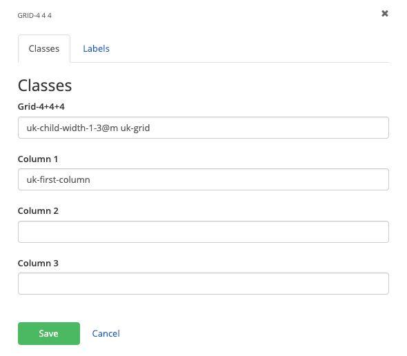 Screenshot showing the classes fields for the grid-4-4-4 element