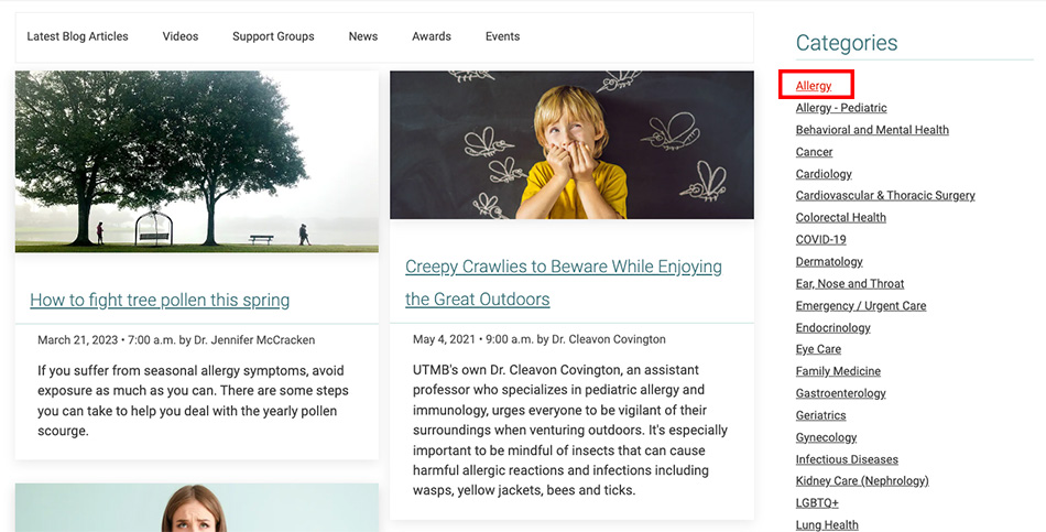 Health blog example showing the Allergy category selected