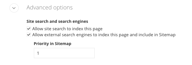 Screenshot of the page advanced settings for search indexing