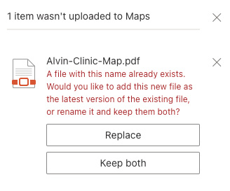 Screen shot of the replace file message in SharePoint