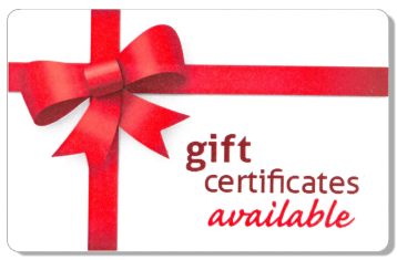 Red ribbon tied in a bow on a white background with the text “gift certificates available.
