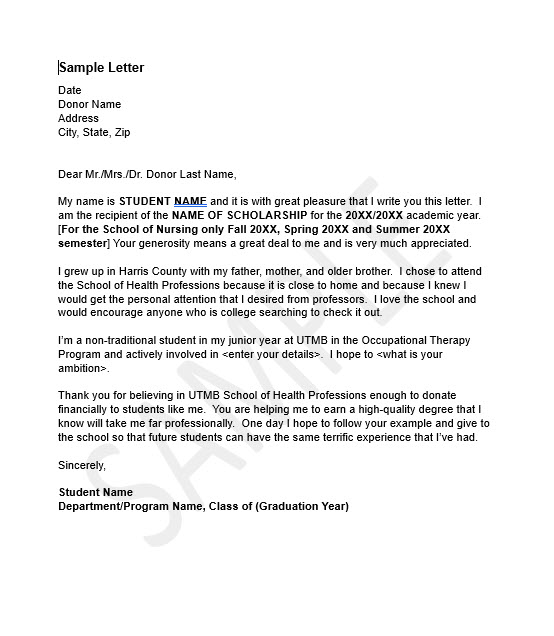 A sample scholarship thank‑you letter template showing a formal letter format with placeholders for date, donor name, scholarship name, student details, and graduation year.