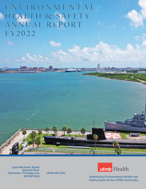 Aerial view of Galveston Harbor with blue water, shoreline greenery, palm trees, and a submarine museum in the foreground, overlaid with the text “Environmental Health & Safety Annual Report FY2022” and UTMB Health branding.