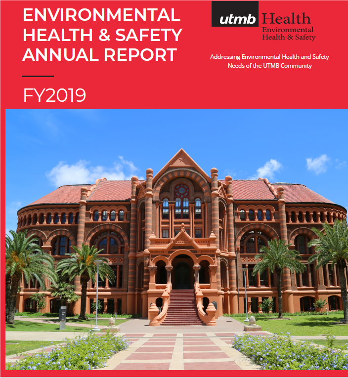 Front view of a historic red‑brick UTMB building with arched windows, a central staircase, and palm trees, beneath a red banner reading “Environmental Health & Safety Annual Report FY2019 with UTMB Health Environmental Health & Safety branding.